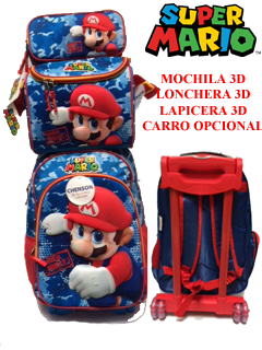 combo de mochila, lonchera y lapicera con el personaje Mario Bros